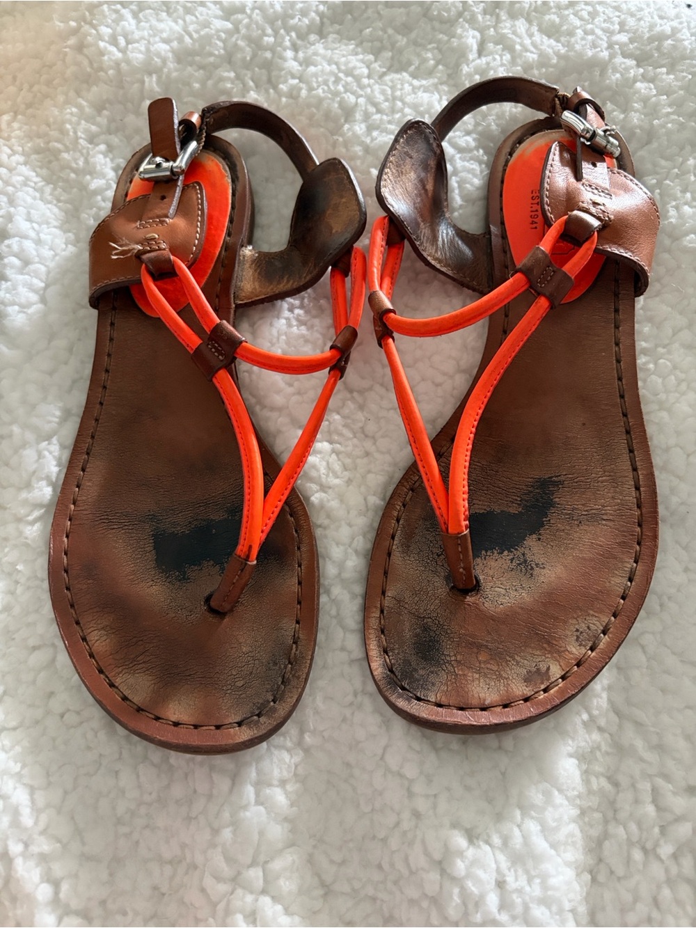 Coach Brown Leather Sandals with Bright Orange Straps